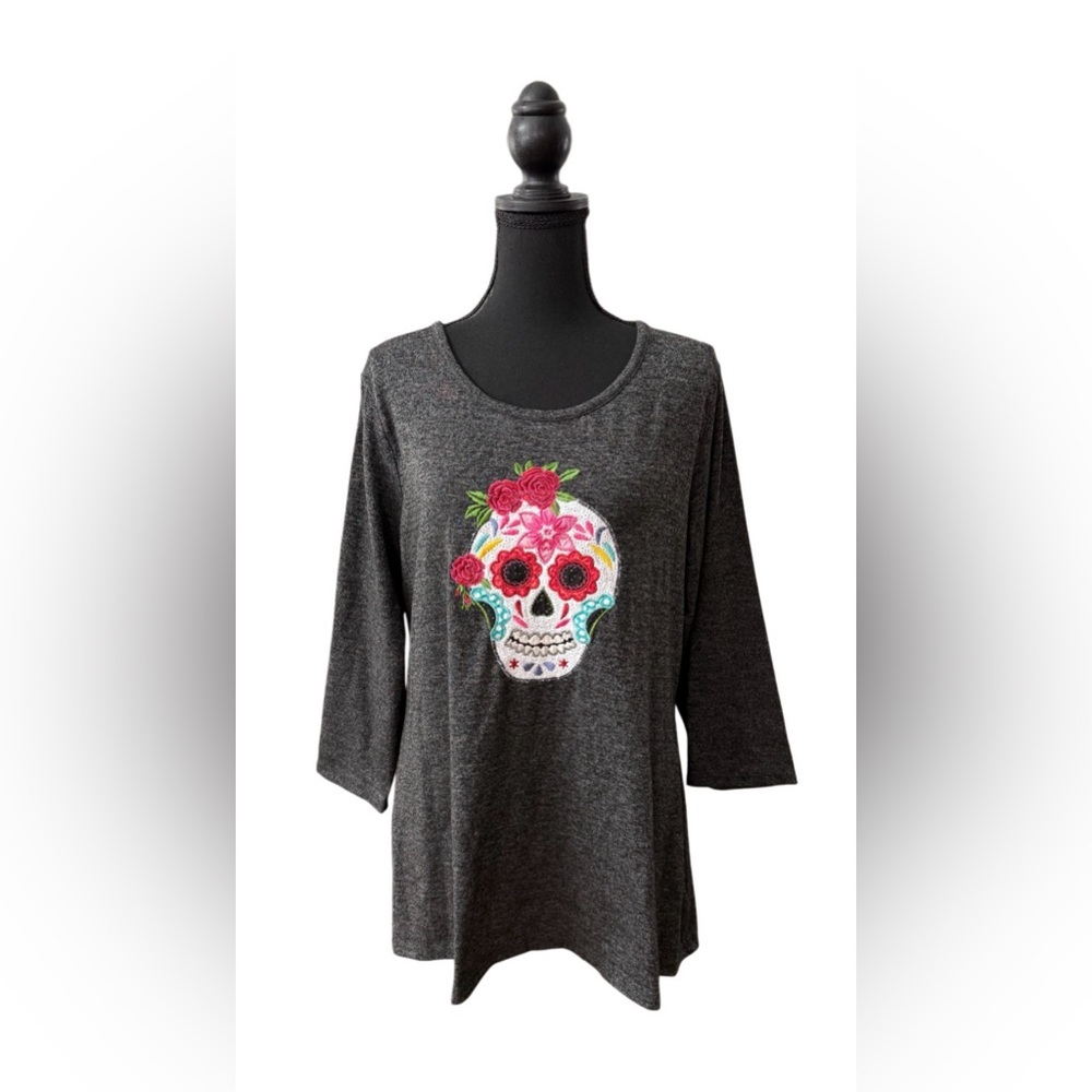 Clover + Pine Charcoal Knit Top with a Mexican Sugar Skull